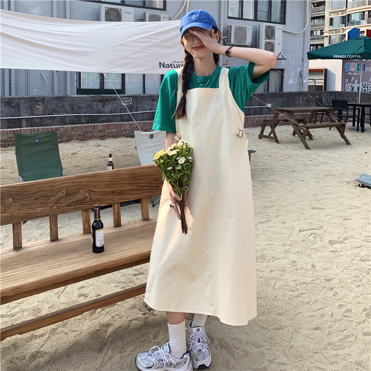 實拍實價 2021春季休閒款寬鬆工裝背帶連衣裙女長款