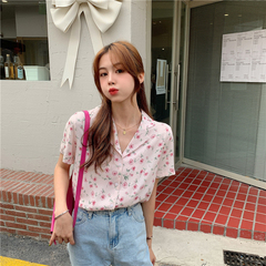 Real price new spring loose suit collar Floral Chiffon Shirt Short Sleeve