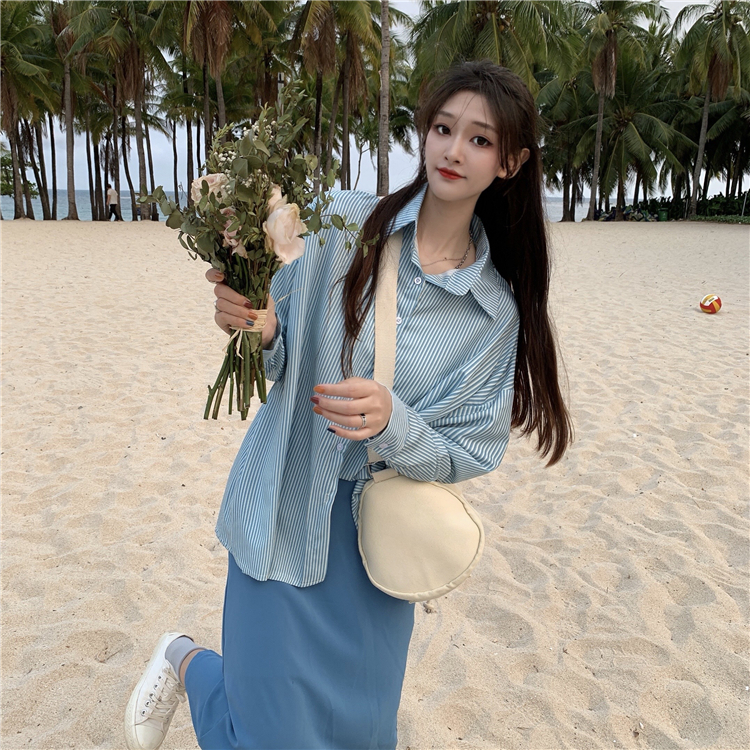 Real shot real price spring Korean stripe loose long sleeve shirt + medium length skirt two piece suit