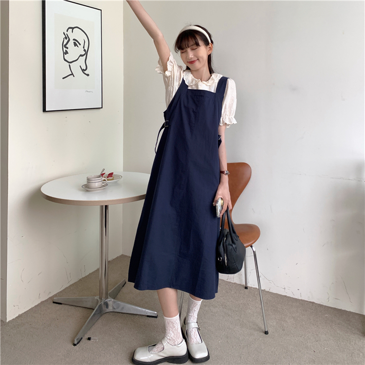 實拍實價 2021春季休閒款寬鬆工裝背帶連衣裙女長款