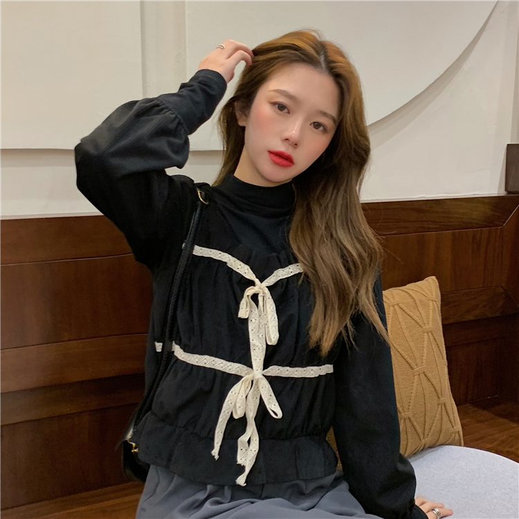 Real price autumn and winter square collar pleated corduroy loose show thin long sleeve shirt top women fashion