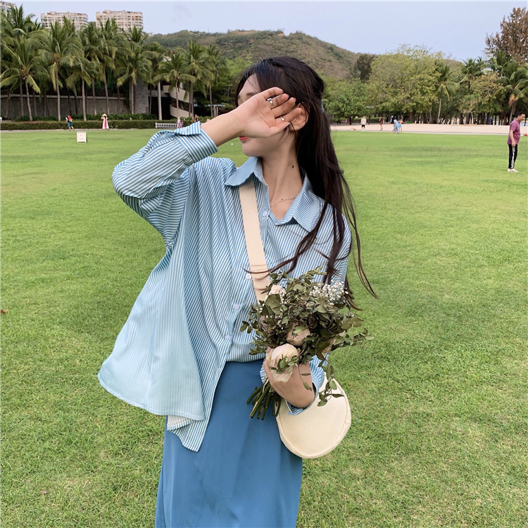 Real price spring Korean stripe loose long sleeve shirt + mid length skirt suit