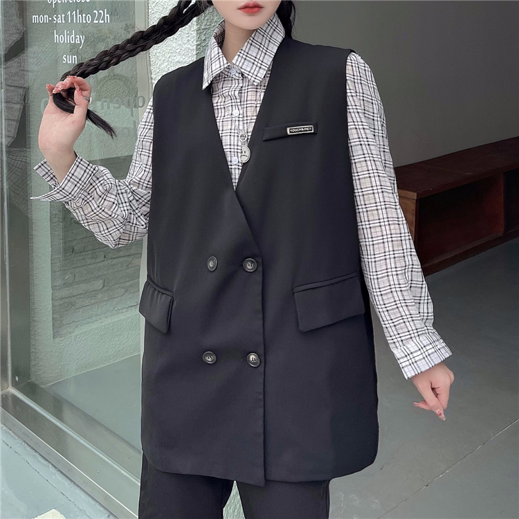 Real shot real price new Korean design loose waistcoat suit coat female + plaid shirt suit