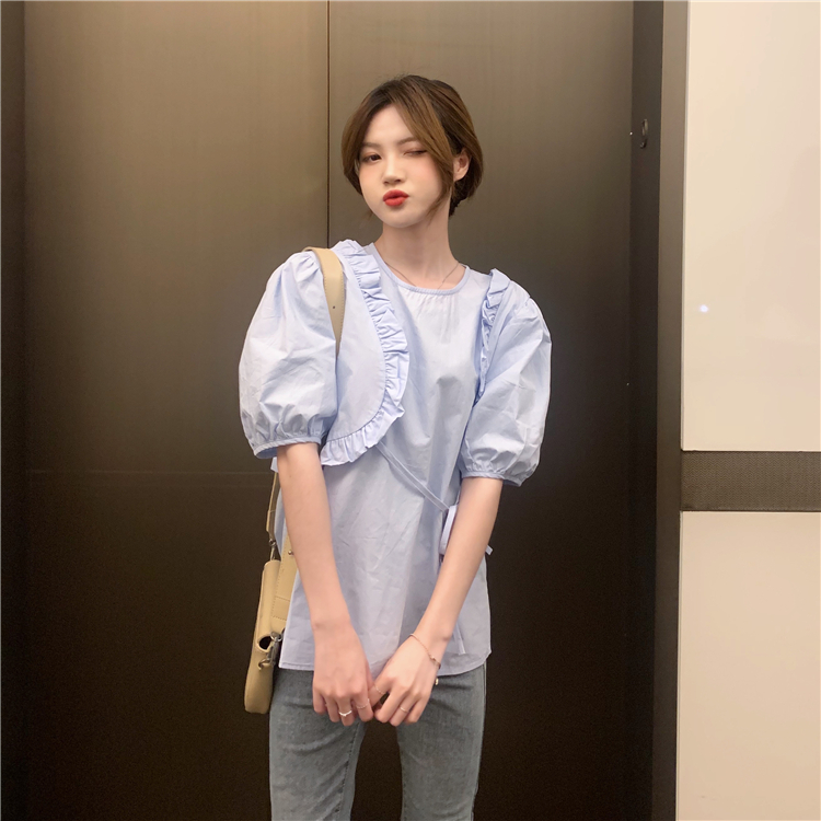 Real shooting and real price spring new design sense three dimensional decoration round neck bubble sleeve short sleeve top