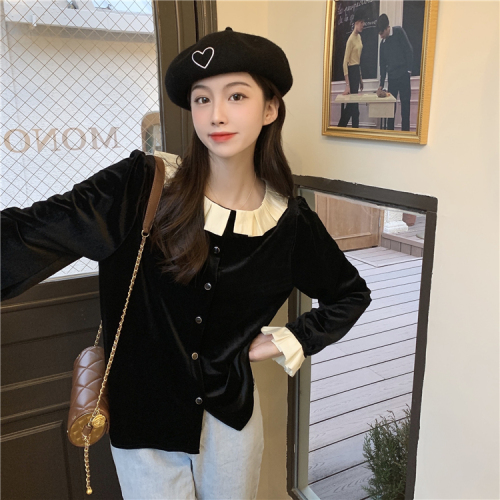 Real shooting real price autumn and winter Korean version golden velvet bottomed baby collar trumpet long sleeve shirt women's blouse