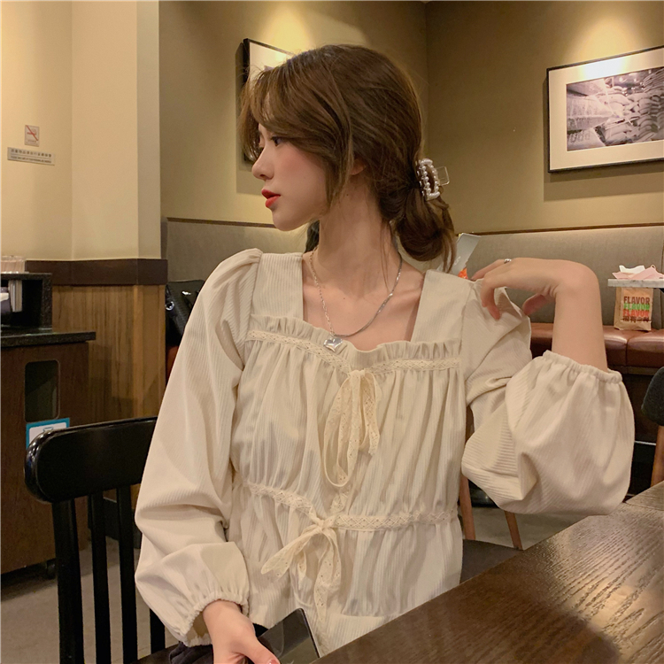 Real price autumn and winter square collar pleated corduroy loose show thin long sleeve shirt top women fashion