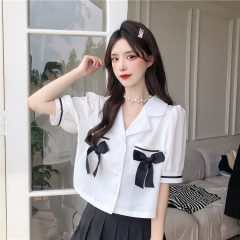 Real shot real price summer bubble sleeve contrast bow pocket suit collar short sleeve shirt women's loose top