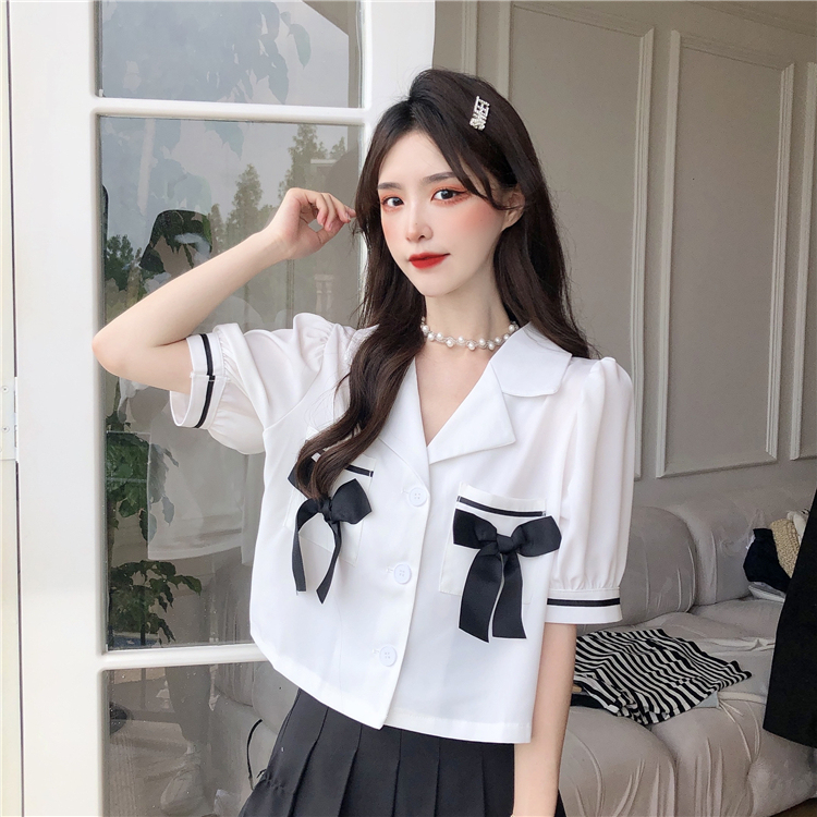 Real shot real price summer bubble sleeve contrast bow pocket suit collar short sleeve shirt women's loose top