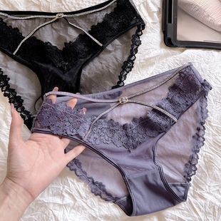 感官派对～烫钻交叉绑带镂空性感V蕾丝内裤女网纱纯欲低腰三角裤