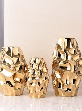 简约现代时尚电镀金银陶瓷花瓶家居软装饰工艺品摆件三件套望城