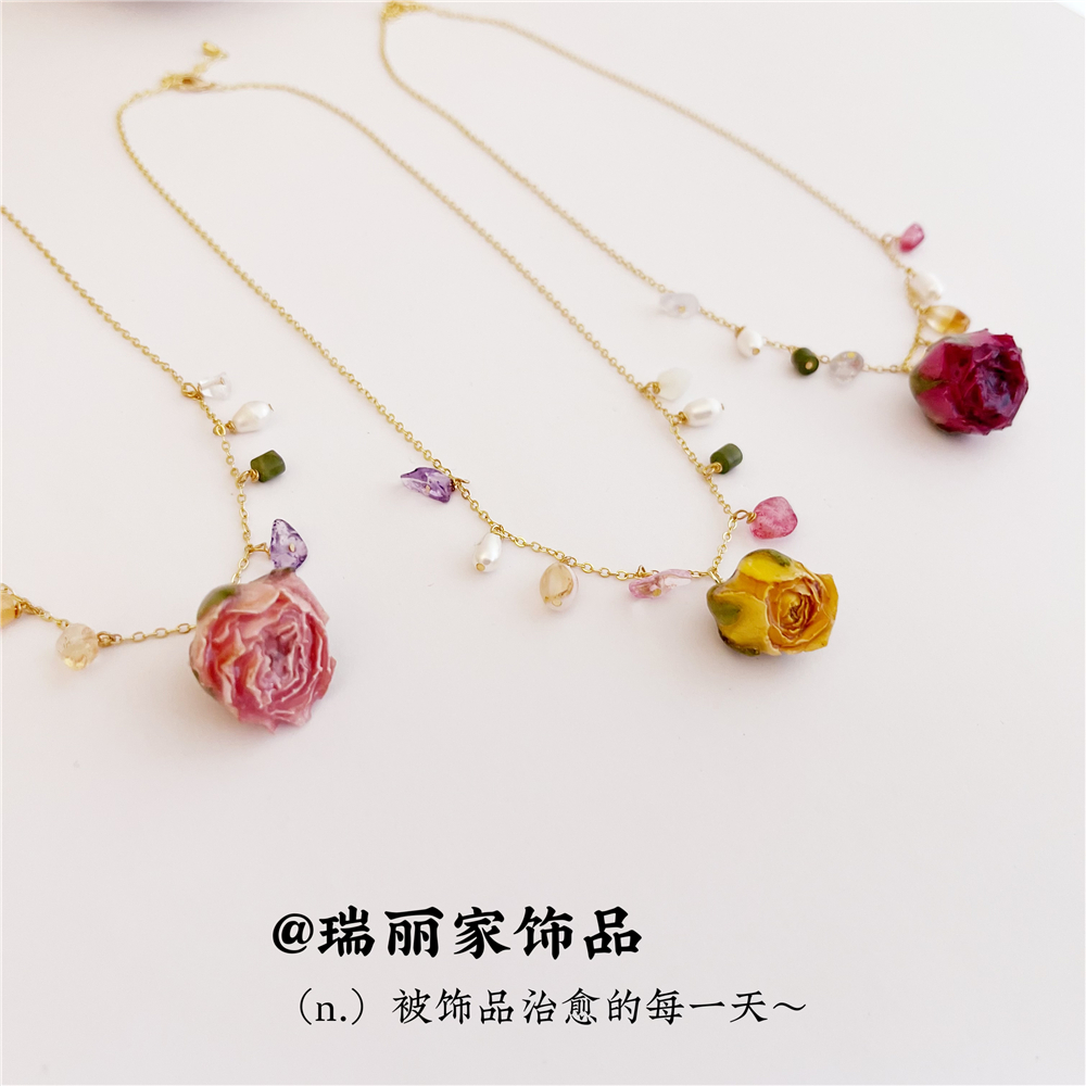 真花项链干花女包金项链
