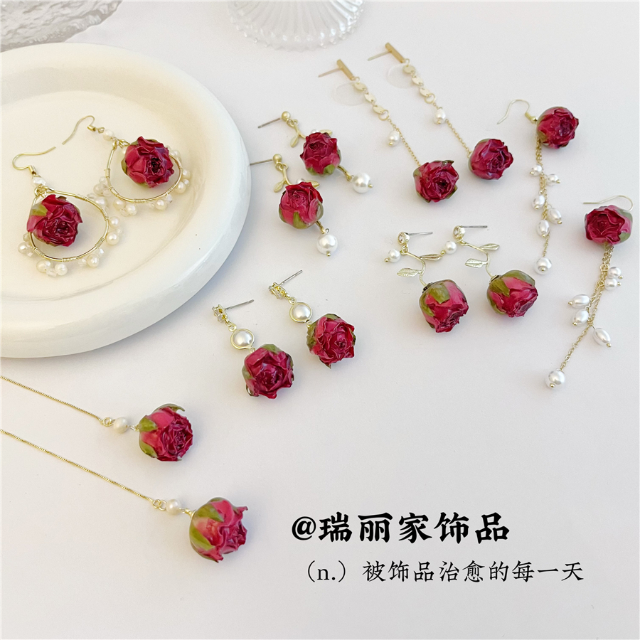 红玫瑰耳环天然干花原创设计
