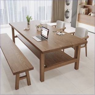 松木双层客厅大书桌组合家用学生学习桌双人大板桌办公桌工作台