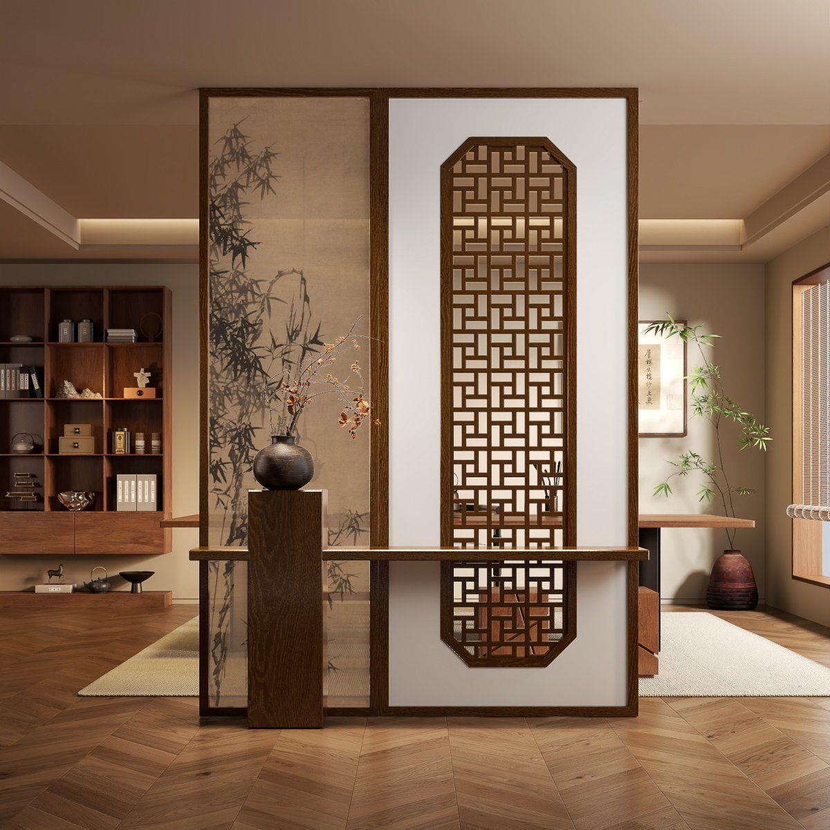 屏风隔断木格栅客厅入户玄关遮挡办公室茶室宋代美学新中式