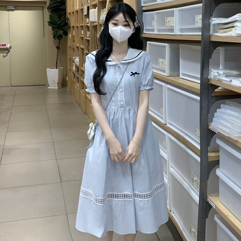 少女学院风洋气娃娃领收腰连衣裙2025夏装初高中学生泡泡袖A字裙