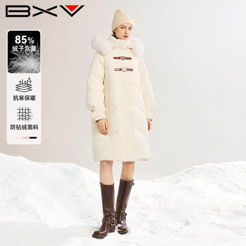 BXV狐狸毛大毛领中长过膝羽绒服