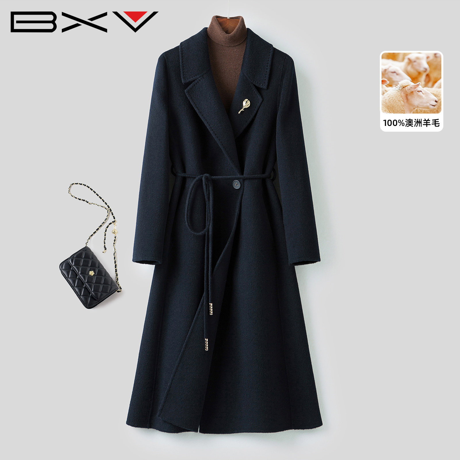 BXV系带西装领长款100%羊毛大衣