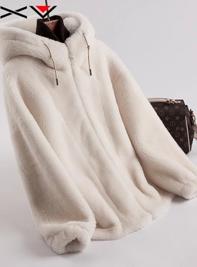 BXV羊羔毛外套女皮毛一体连帽2025秋冬新羊剪绒海宁皮草颗粒大衣