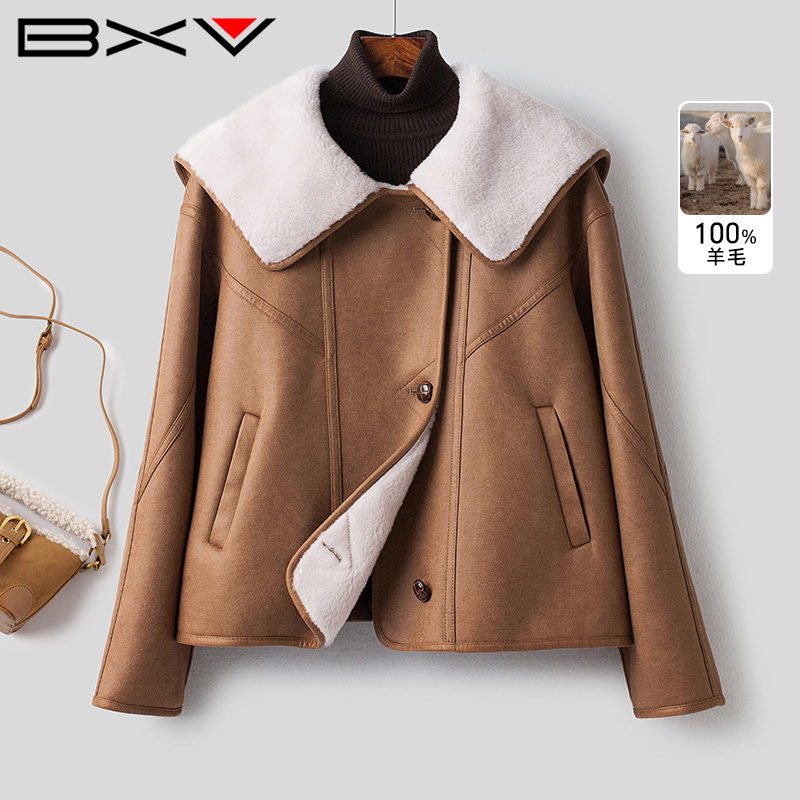 BXV海军领皮毛一体羊羔毛短外套