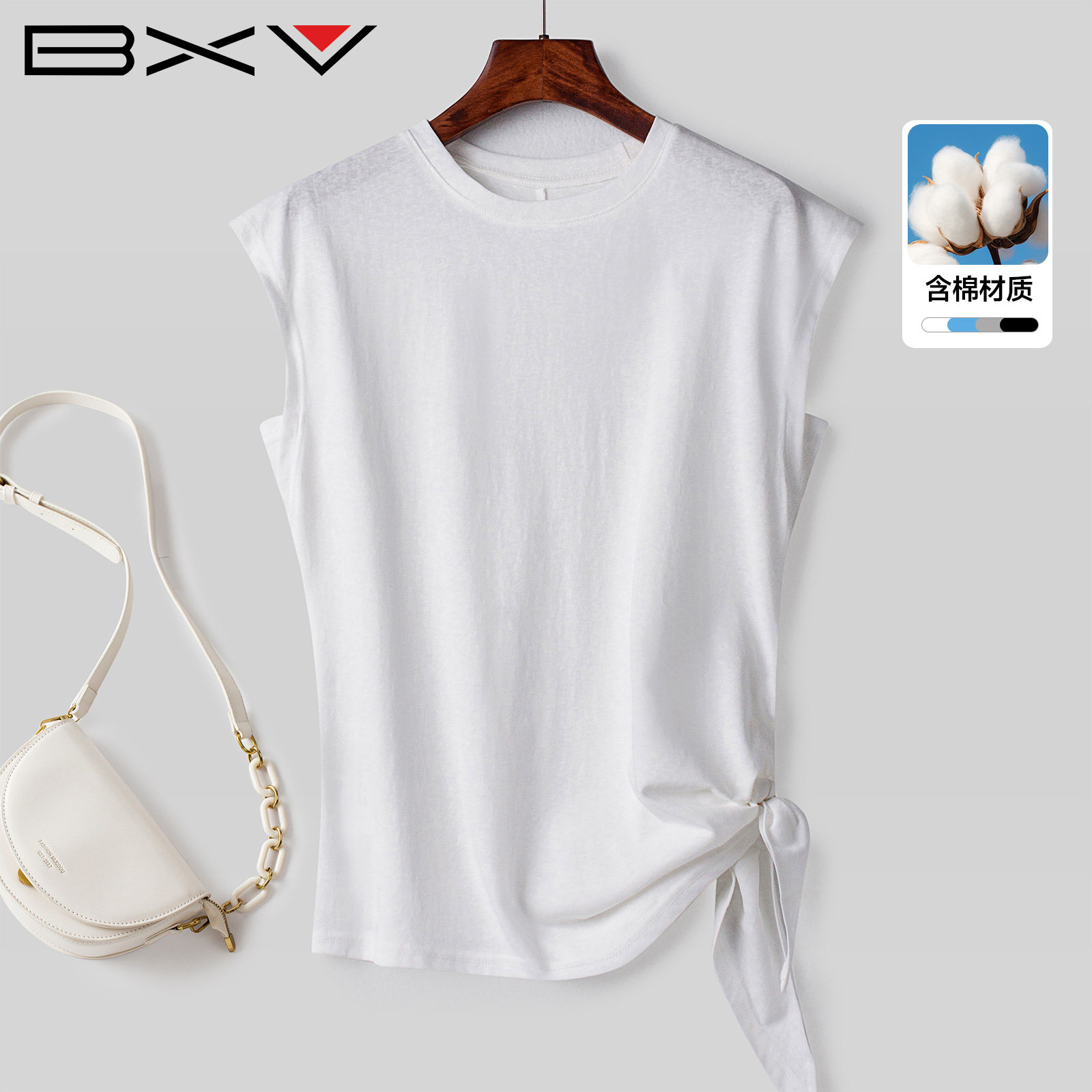 BXV夏季无袖修身系带短袖T恤女