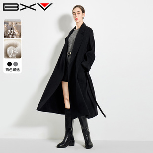 BXV系带山羊绒大衣女中长款2026春季新款黑色澳洲羊毛双面呢外套