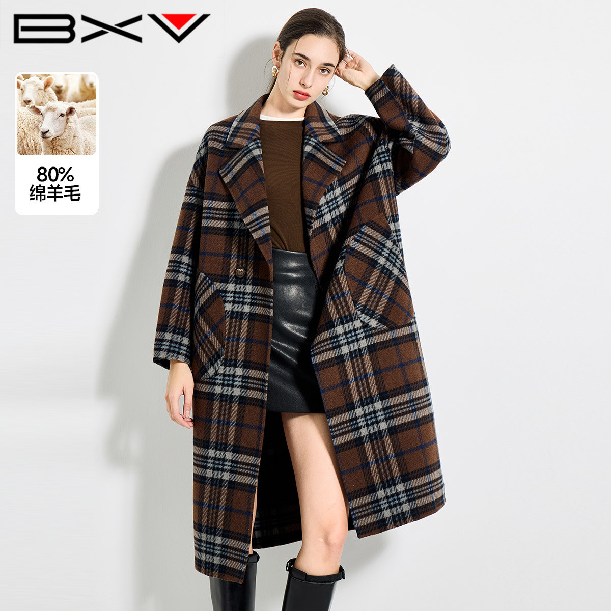 BXV中长款格子双面羊毛大衣