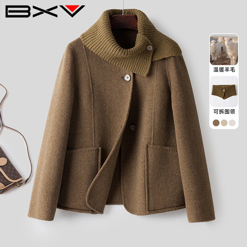 BXV针织围领可拆短款羊毛大衣