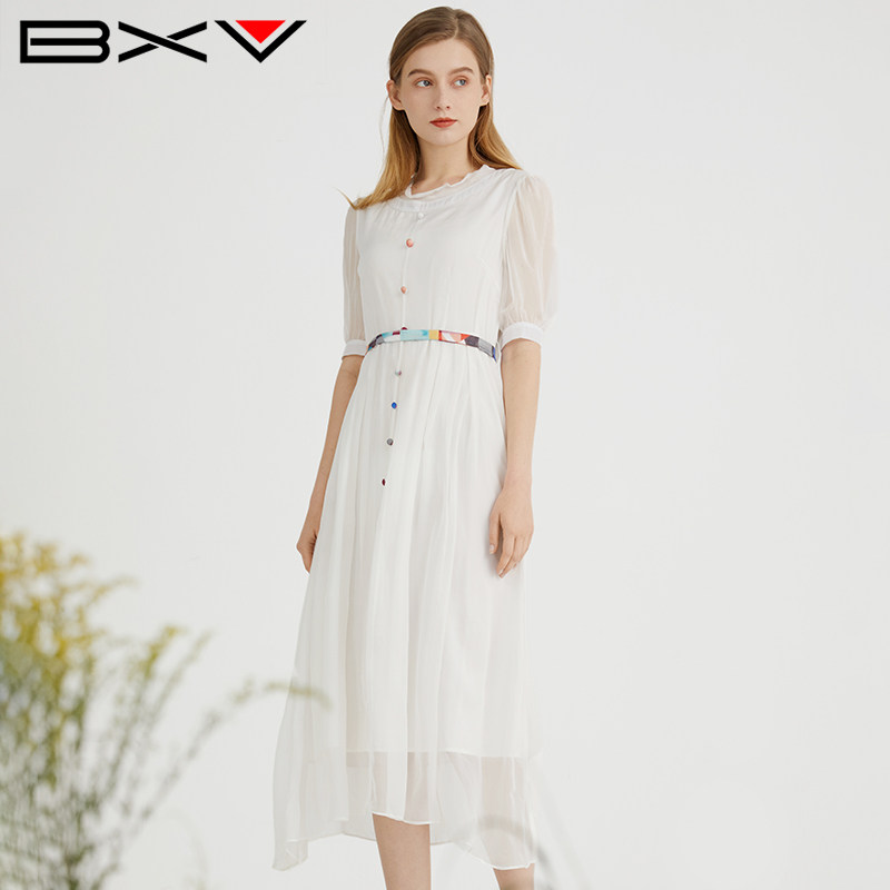 BXV夏季真丝彩扣腰带中长连衣裙