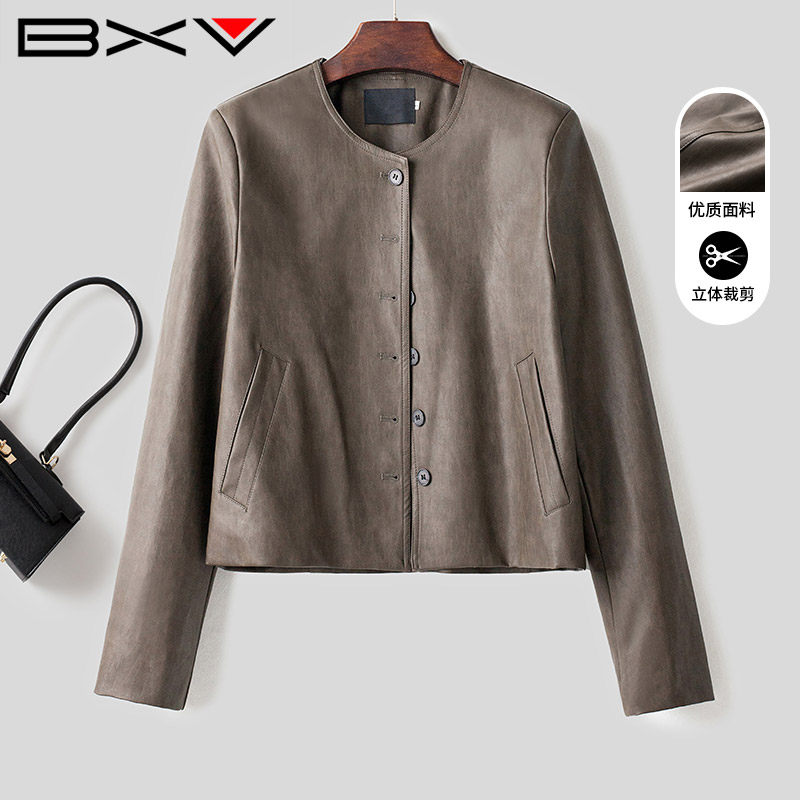 BXV复古圆领皮衣外套女