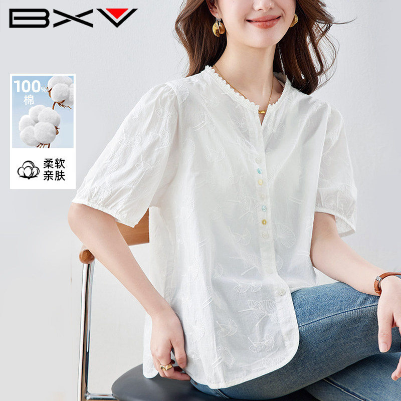 BXV夏季纯棉绣花女短袖衬衫