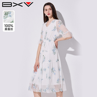 V领木耳边印花真丝长裙 新款 2024夏季 BXV碎花桑蚕丝连衣裙女中长款