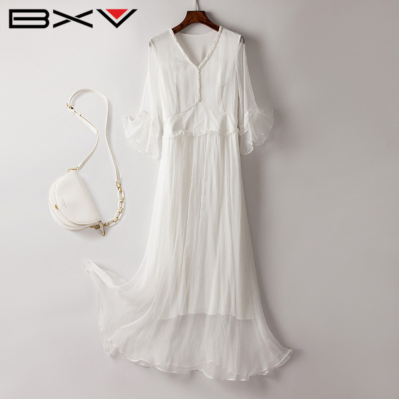 BXV夏季100%桑蚕丝荷叶边长裙