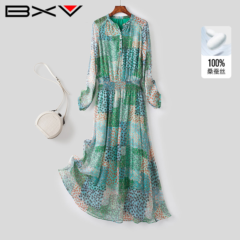 BXV绿色长袖真丝连衣裙女2025夏季新款松紧腰印花拼色桑蚕丝长裙