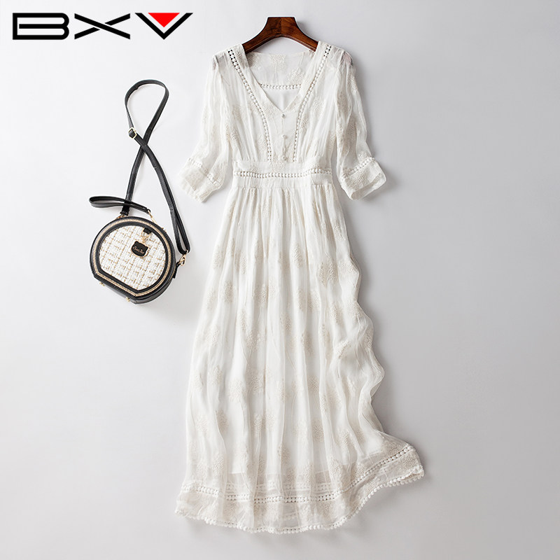 BXV刺绣花真丝连衣裙女中长款2026夏季新款长裙收腰桑蚕丝裙子仙