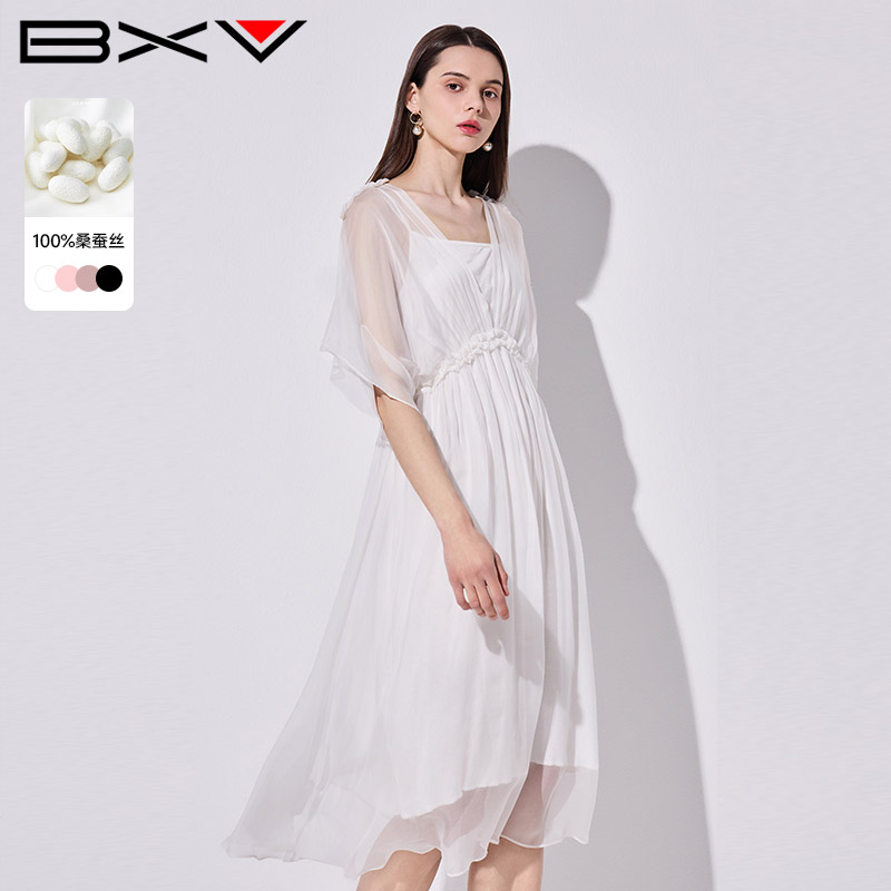 BXV假两件真丝连衣裙女2026夏季新款V领木耳边收腰飘逸桑蚕丝裙子