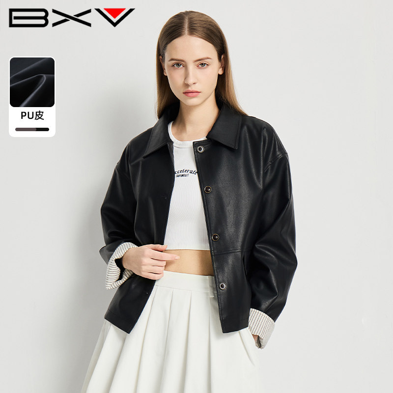 BXV拼接皮衣女短款2025秋新款