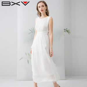 显瘦白色真丝连衣裙女中长款2026春夏新品无袖桑蚕丝裙子收腰长裙