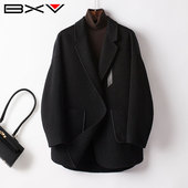 新款 BXV黑色双面羊绒大衣女短款 2026春季 小个子澳洲羊毛呢子外套