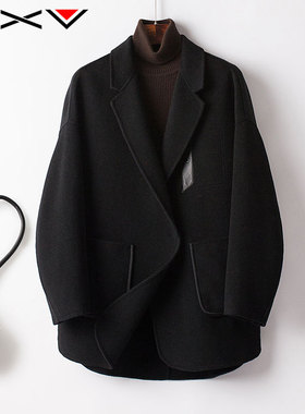 BXV黑色双面羊绒大衣女短款2025春季新款小个子澳洲羊毛呢子外套