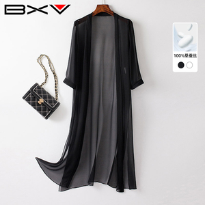 BXV黑色真丝开衫女中长款2025夏季新款防晒衣外搭桑蚕丝防晒服仙