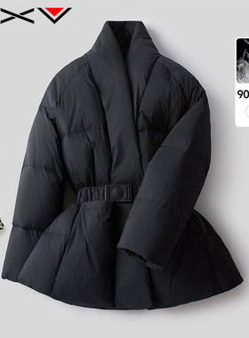 BXV新中式国风羽绒服女2025年冬季新款小个子系带白鸭绒羽绒外套