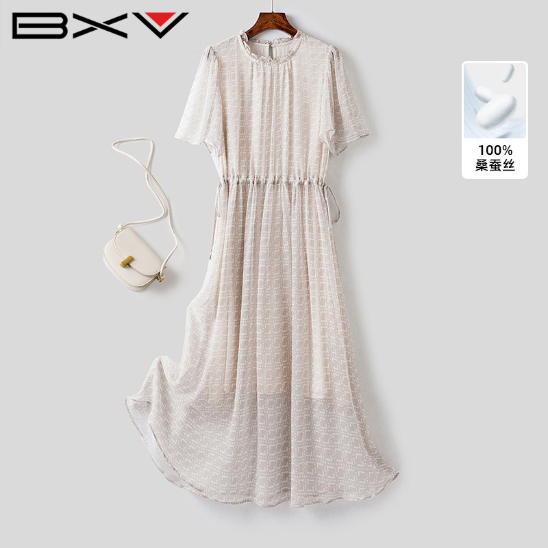 BXV优雅气质抽绳收腰真丝连衣裙