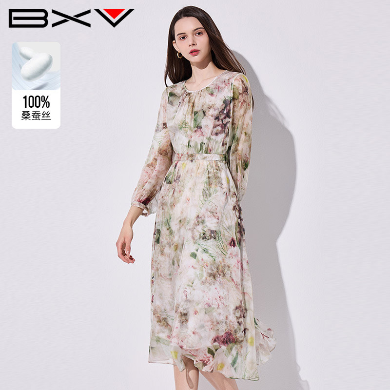 BXV桑蚕丝压褶设计连衣裙