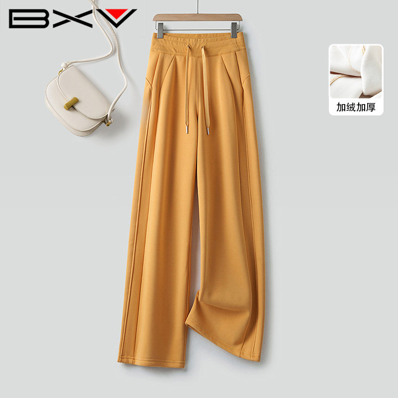 BXV松紧腰抽绳高腰直筒裤女2025冬季新款显瘦加绒加厚休闲裤卫裤