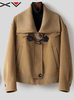 BXV牛角扣双面羊绒大衣女短款秋季新款大翻领双面呢短外套小个子