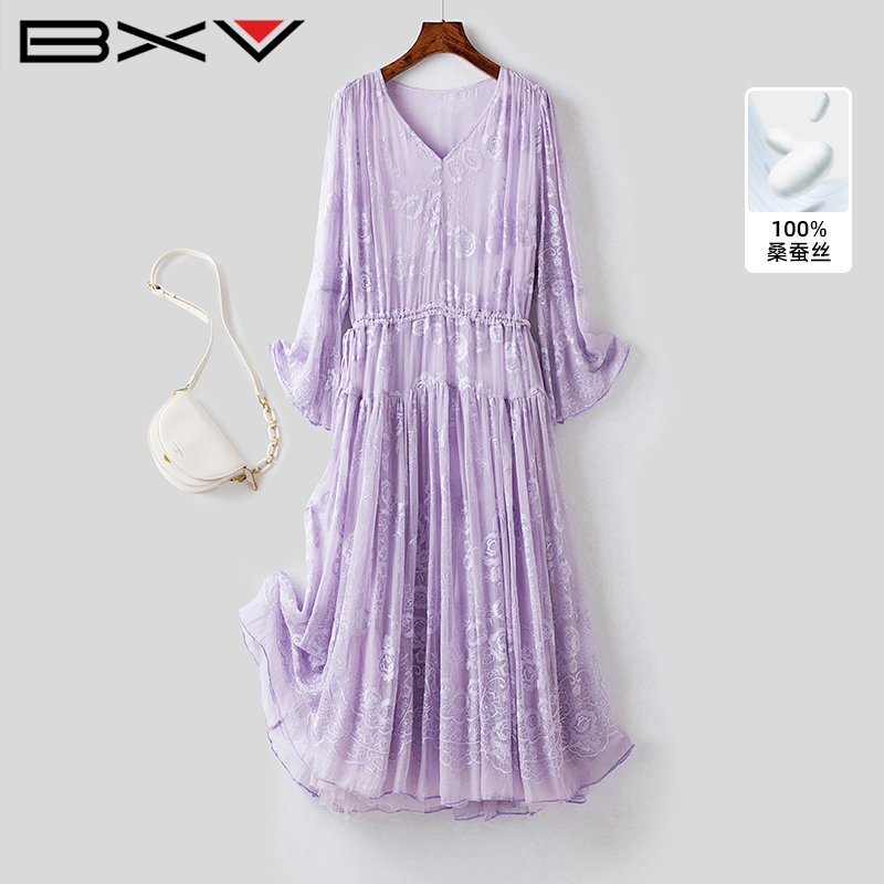 BXV休闲气质抽绳收腰真丝连衣裙