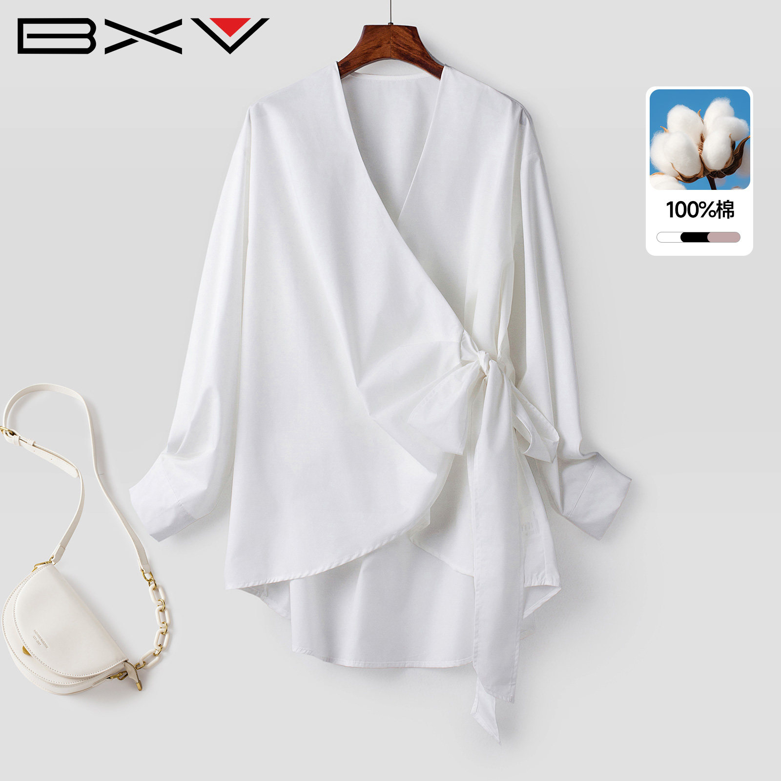 BXV纯棉不规则绑带衬衫女春新