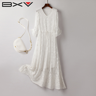 BXV刺绣收腰真丝连衣裙女中长款2026夏新钩花休闲长裙桑蚕丝裙子