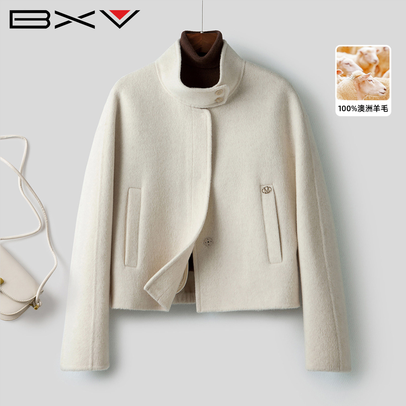 BXV100%羊毛立领毛呢外套女短款