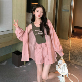 现货字母背心+长袖防晒服短裤三件套297-128-P125-K178，女装套装/套裙，艾艾淮淮